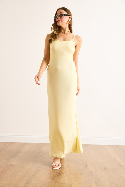 Olalook Women's Yellow Strap Adjustable Slit Polyamide Midi Dress Elb-19002498