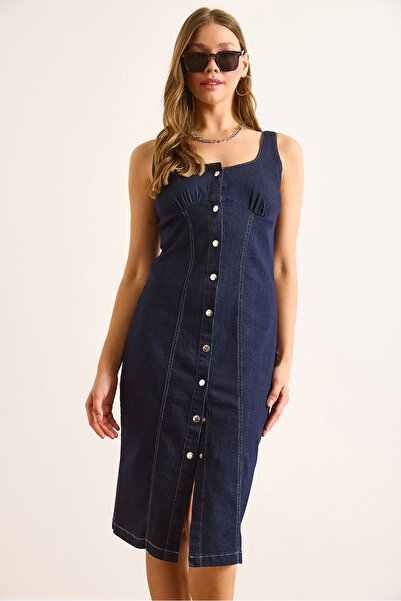 Olalook Women's Navy Blue Strap Snap Fastener Lycra Midi Denim Dress Elb-19002490