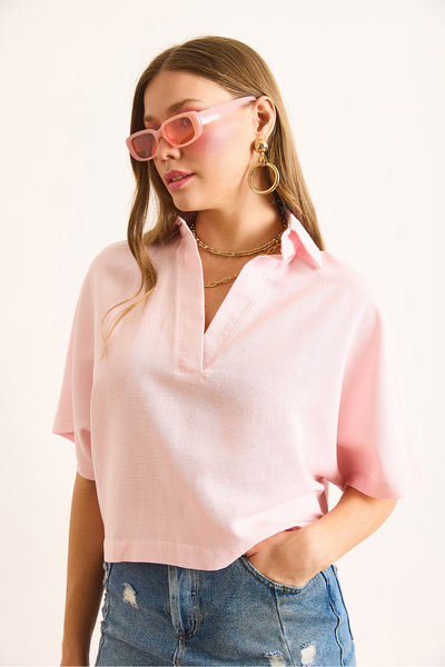 Olalook Women's Pink Polo Collar Casual Linen Blouse Blz-19003061
