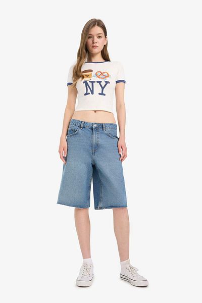 DeFacto Coool Fitted Crop Crew Neck Printed Rib Short Sleeve T-Shirt F2785Ax25Sm