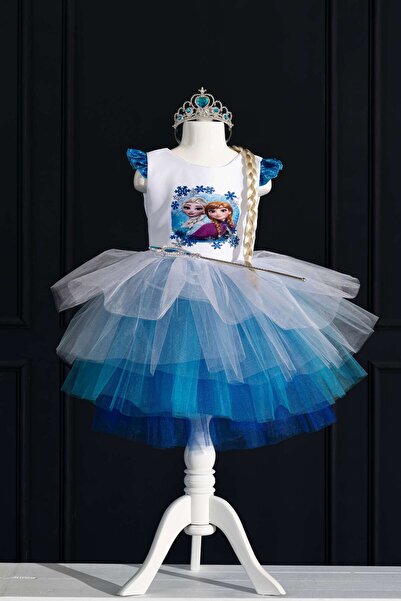 YAĞMUR KOStütüM Kız Çocuk Prenses Anna Elsa Baskılı Beyaz Doğum Günü Elbisesi...