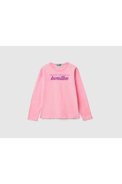 United Colors of Benetton تي شيرت بناتي بأكمام طويلة مصنوع من القطن بنسبة 100%