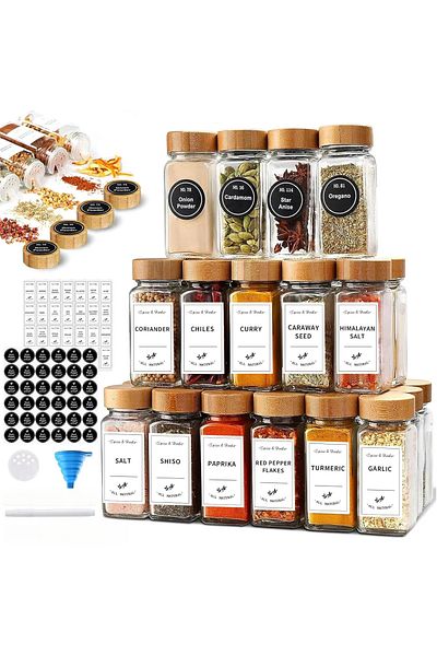 Saharaz 24 Glass Spice Jars,4oz Empty Square Spice Containers Set,Food Storage,Silicone Funnel
