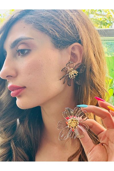 Gönülden Tasarım Flowered Mica Women's Earrings 7 cm Black