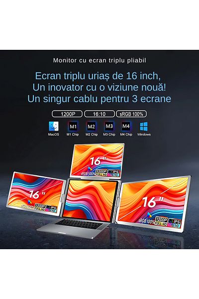 Production by A&A 3 Screen Extension For Laptop, 3*16 Inch, Full Hd, Ips, sRgb 100%, 1920*1200