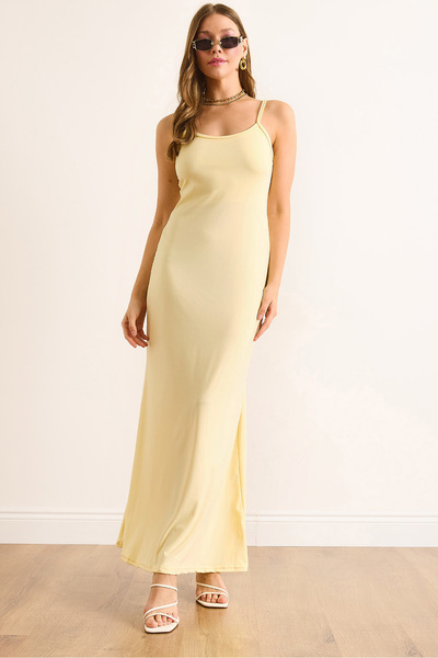 Olalook Women's Yellow Strap Adjustable Slit Polyamide Midi Dress Elb-19002498