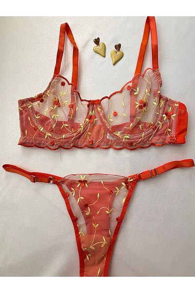 İNKO İÇ GİYİM Underwire Uncovered Tulle Detailed Patterned Bra Set (Bra Thong) Fancy Underwear Set