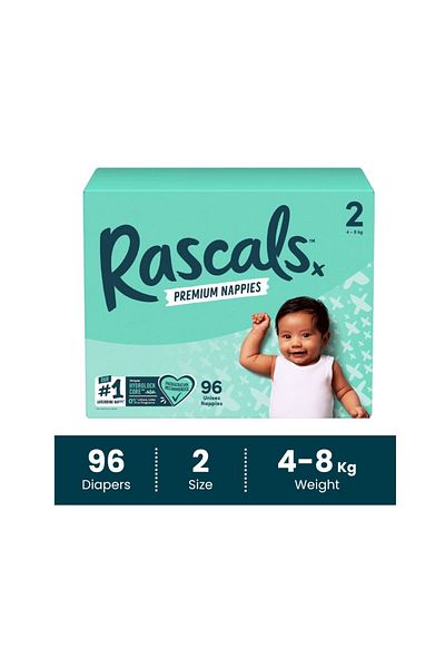 Rascals Premium Baby Diapers Jumbo Box - Size 2, 4-8 kg, 96 Count