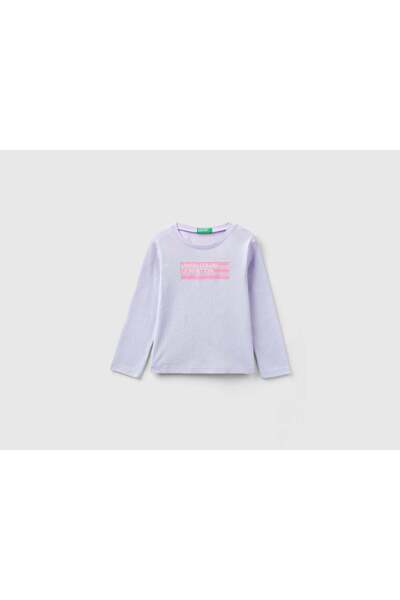 United Colors of Benetton تي شيرت بناتي بأكمام طويلة وطبعة لامعة