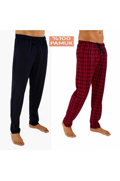 DÜVEN Men's Cotton Burgundy Plaid & Anthracite 2-Piece Single Bottom Pajamas - Seasonal Pajama Bottoms