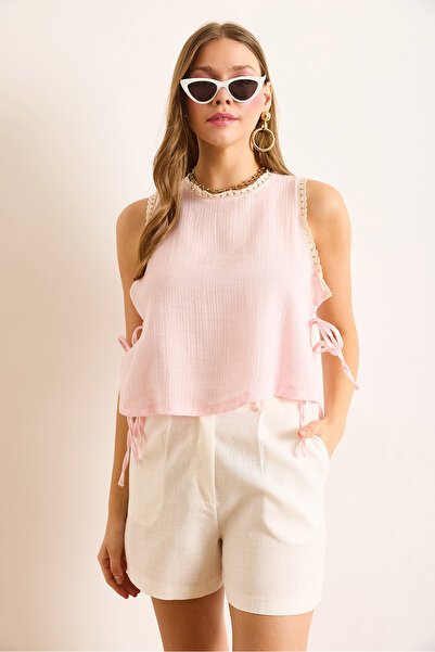 Olalook Γυναικεία ροζ δαντέλα με λεπτομέρεια μπλούζα μουσελίνας με λεπτομέρεια με κορδόνια στο πλάι BLZ-19003063
