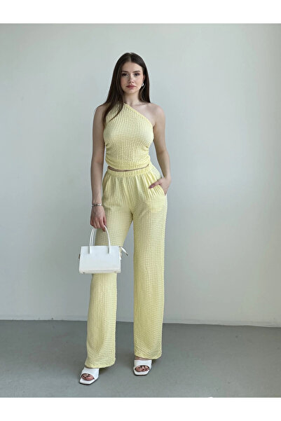 hazelin Women's Yellow Elastic Waist Seersucker Fabric Trousers Hzl24S-Zk13261