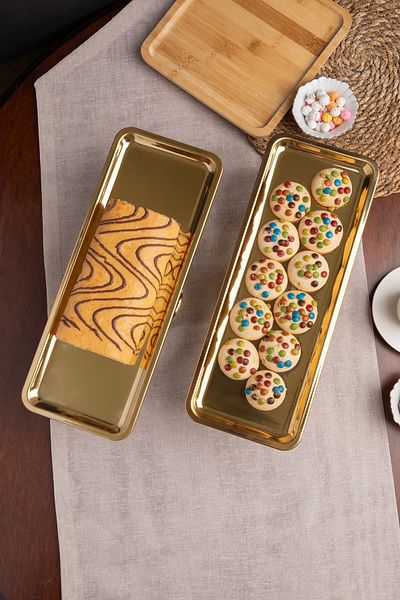 NEWTREND Züccaciye Luxury 2-Piece Rectangular Gold Footed Cake, Cake, Cookie, Dessert, Treat, Dowry Presentation Serving Stand