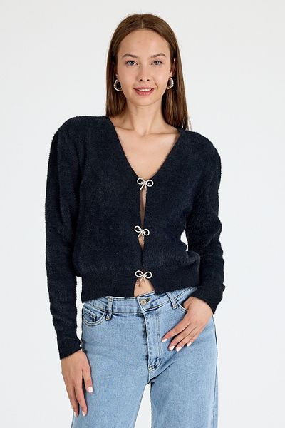 Rays Black Stone Bow Button Women's Knitwear Cardigan 6803