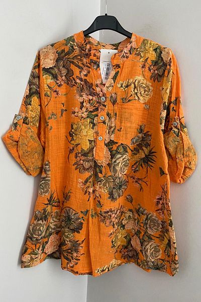 AYASOFYA OTANTIK Women's Italian Orange Floral Patterned Button Detailed Folding Orphan Sleeve 100% Cotton Blouse Tunic