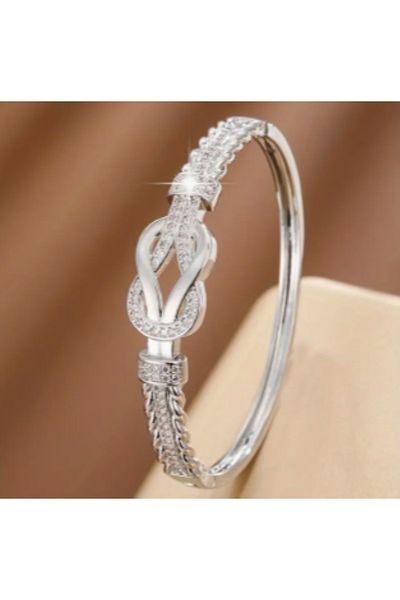 SE Jewellery Collection Selin Ersoy Women's Silver Color Stone Detailed Braided Form Bracelet – 5.5 cm Elegant Design