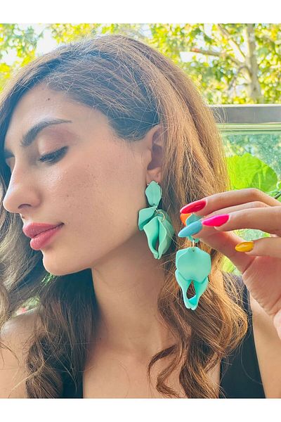 Gönülden Tasarım Leaf Design Women's Earrings 7 cm Turquoise