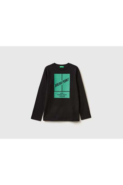 United Colors of Benetton تي شيرت أطفال بأكمام طويلة وطبعة على الصدر