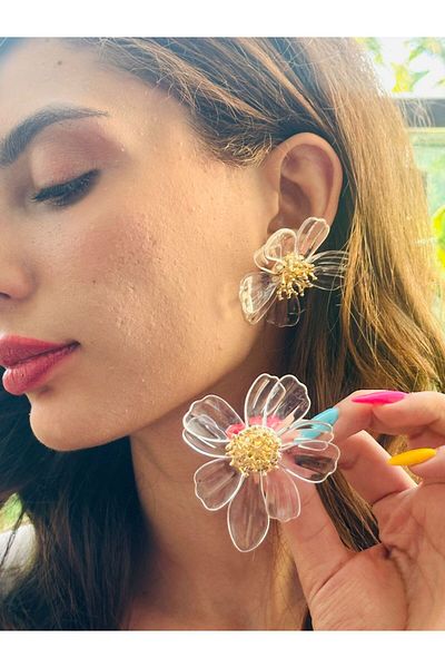 Gönülden Tasarım Flowered Mica Women's Earrings 7 cm White