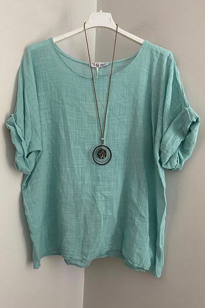 AYASOFYA OTANTIK Women's Italian Water Green Oversize Casual Blouse with Necklace Accessories
