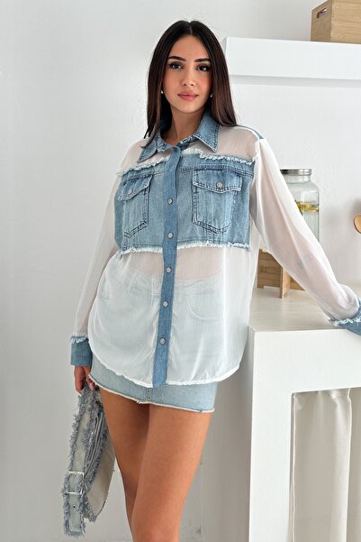 FEMELLE Women's Standard Size Transparent Chiffon Shirt with Pocket Denim Detail