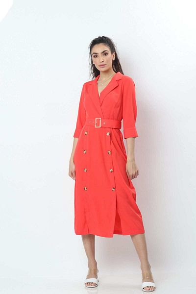 Nichii Women's Midi Dress with Belt and Side Buttons