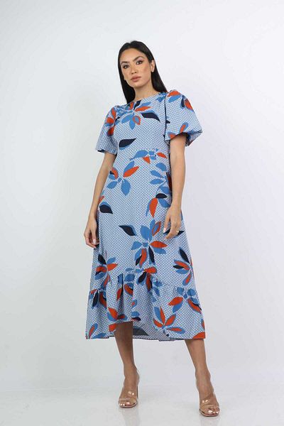 Nichii Floral Ruffled Midi Dress with Short Sleeves