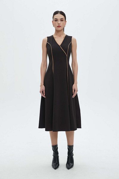 Nichii Women's Midi Dress with V-Neck and Ruffle Details
