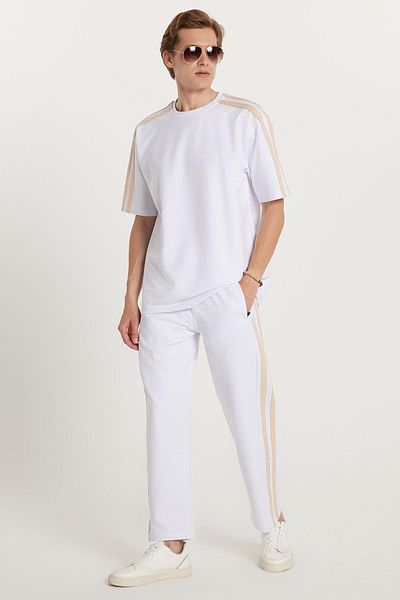 Tudors Men's Standard Fit Regular Fit Cotton Crew Neck Stripe White Tracksuit Set