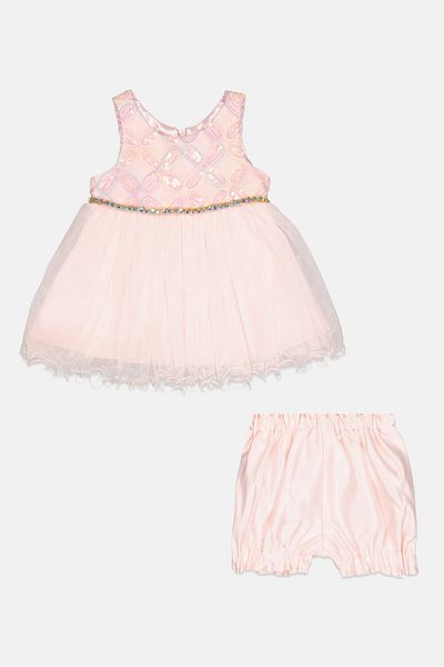 American Princess Toddlers Girl 2 Pcs Textured Mesh Party Dress With Shorts Set, Light Pink