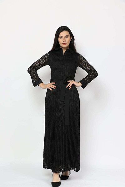 Nichii Long Maxi Dress with Lace Sleeves and Collar