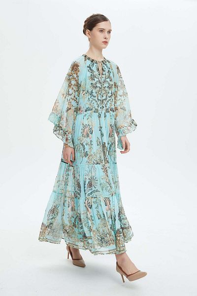 Nichii Women's Long Printed Chiffon Dress with Long Sleeves