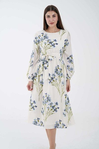 Nichii Floral Midi Dress with Belted Waist and Long Sleeves