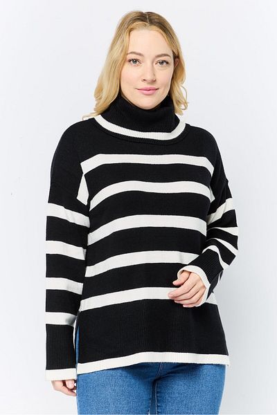 Luxe by Tricot Women Turtle Neck Stripe Sweaters, Multicolor