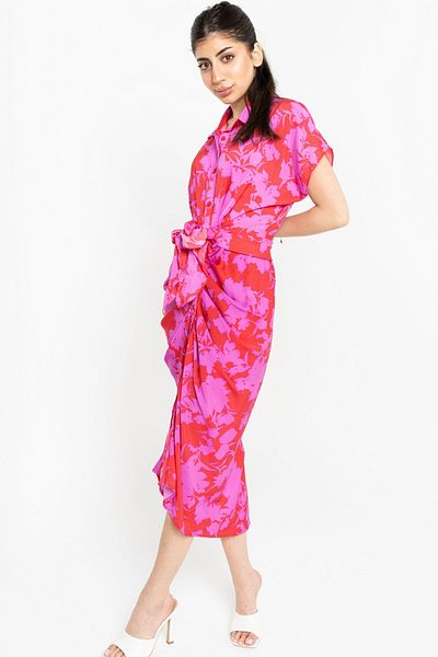 Nichii Floral Short Sleeve Midi Dress with Waist Belt
