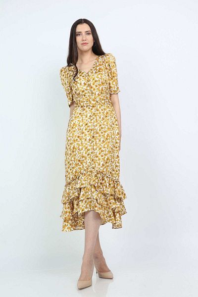 Nichii Floral Short Puff Sleeve Midi Dress
