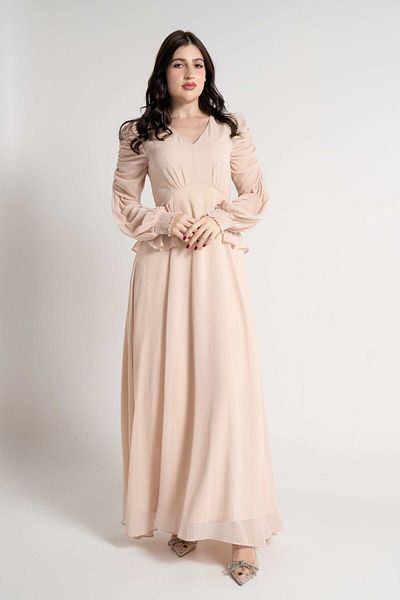 Nichii Women's Solid Long Sleeve Maxi Dress with Waist Detail