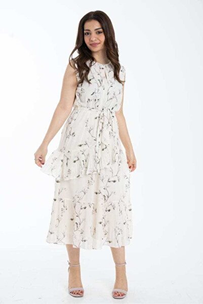 Nichii Floral Ruffled Sleeveless Midi Dress with Waistbelt