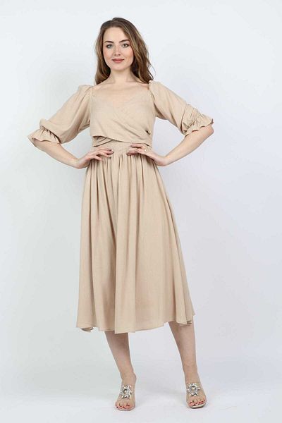 Nichii Women's Flared Midi Dress with Wide Neckline and Short Sleeves
