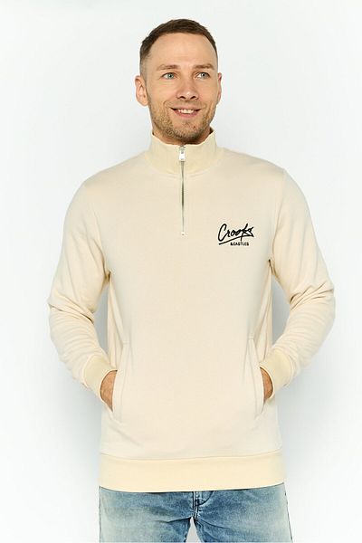 CROOKS CASTLES Men Mock Neck Embroidered Logo Long Sleeve Sweatshirt, Beige