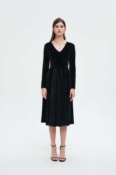 Nichii Women's Plain Midi Dress with Long Sleeves and Fitted Waist