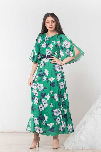 Nichii Women's Floral Maxi Dress with 3/4 Sleeves and Open Design