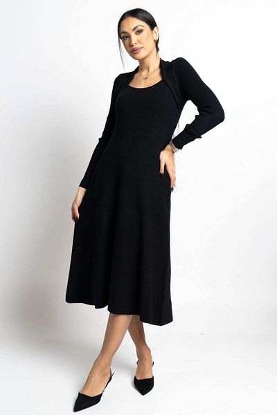 Nichii Women's Long Sleeve Pleated Midi Dress with Waist Detail