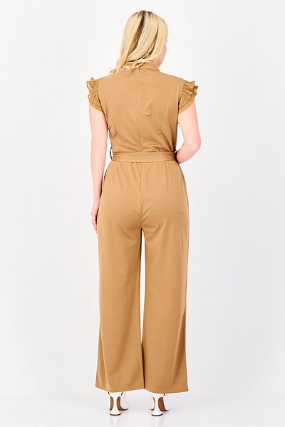 Area Stars Women Plain Flutter Sleeves Jumpsuit, Tan
