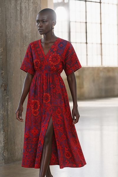 HAKKE Double Breasted Collar Ethnic Pattern Waist Elastic Viscose Dress
