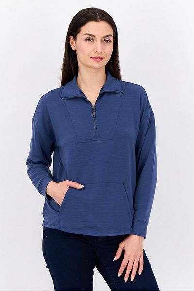 Cable&Gauge Women Half Zipper Long Sleeve Brand Logo Sweatshirt, Dark Dusty Blue