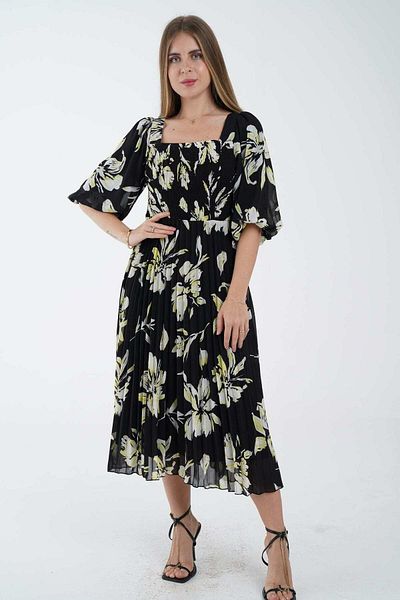 Nichii Floral Midi Dress with Square Neck and Pleated 3/4 Sleeves