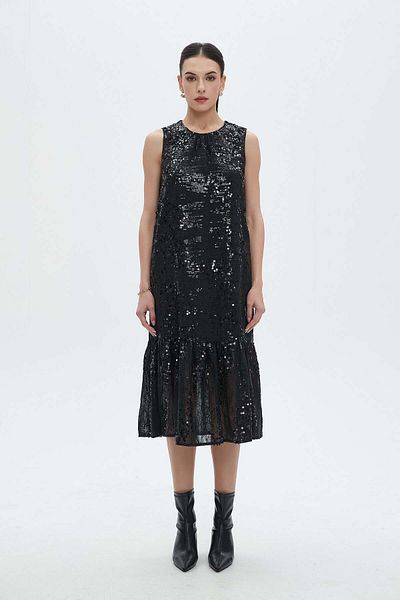 Nichii Shiny Midi Cat Dress with Round Neck and Ruffles