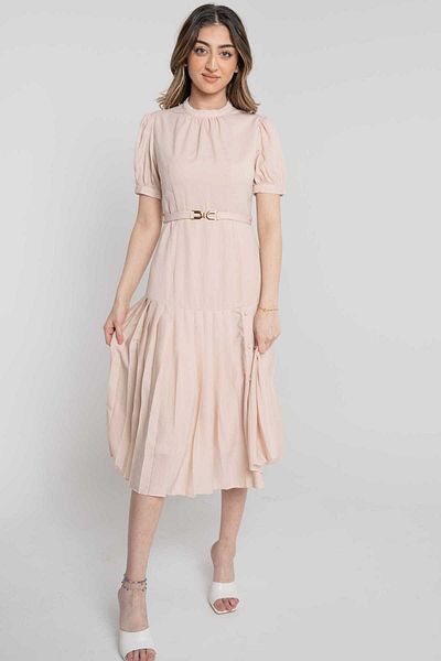 Nichii Women's Solid Midi Dress with Pleats and Side Buttons
