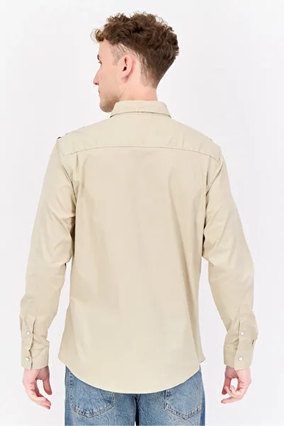 Paper Denim & Cloth Men Slim Fit Solid Long Sleeves Casual Shirt, Light Khaki